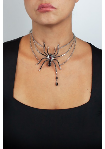 Örümcek Form Siyah Taşlı Çoklu Zincir Choker Kolye