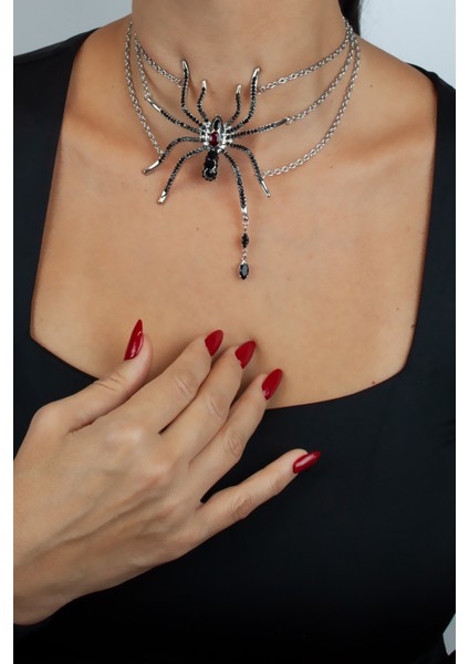 Örümcek Form Siyah Taşlı Çoklu Zincir Choker Kolye fiyatları