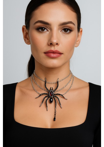 Örümcek Form Siyah Taşlı Çoklu Zincir Choker Kolye indirimleri