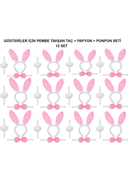 Pembe Tavşan Kostüm Seti – Taç, Papyon, Ponpon (12’li Paket)