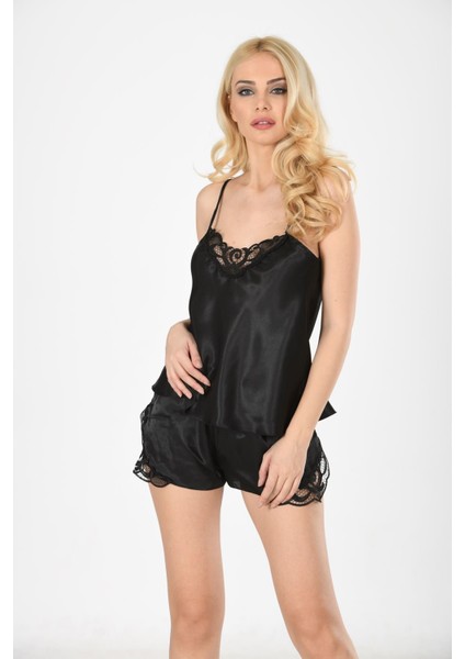 Siyah Saten Babydoll Şortlu Takım