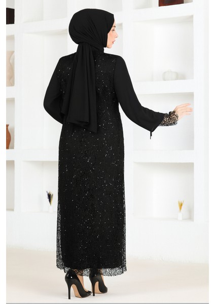 Şifon Pul Payetli Tesettür Abiye Siyah modelleri