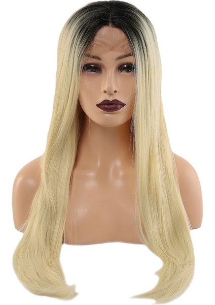 Fiber Sentetik Düz Uzun Tül Peruk / Siyah Platin Uzun Ombreli