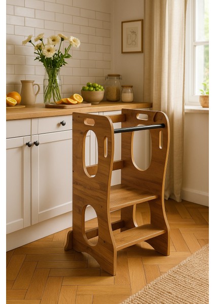 Montessori Öğrenme Kulesi, Ceviz Mdf, Güvenli Çocuk Basamağı, Mutfak Yardımcı Kulesi