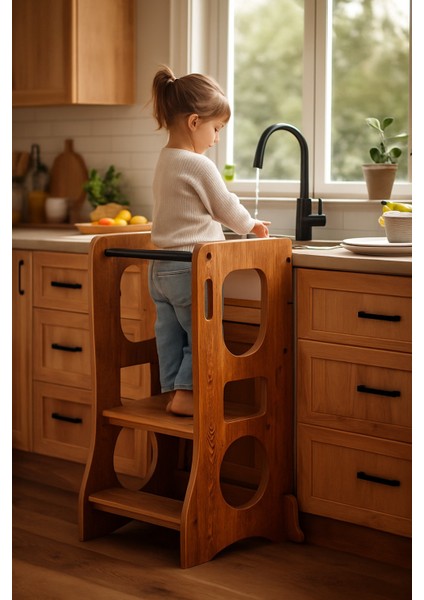 Montessori Öğrenme Kulesi, Ceviz Mdf, Güvenli Çocuk Basamağı, Mutfak Yardımcı Kulesi fırsatları