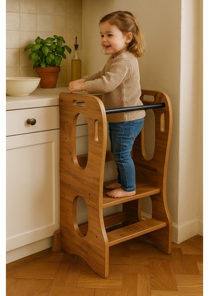 Montessori Öğrenme Kulesi, Ceviz Mdf, Güvenli Çocuk Basamağı, Mutfak Yardımcı Kulesi