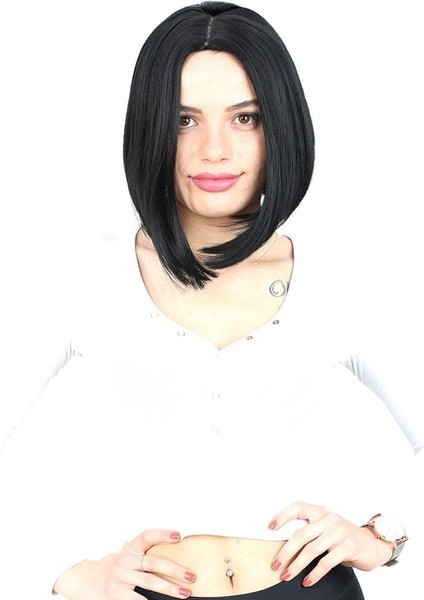 Kahkülsüz Düz Kısa Fiber Sentetik Peruk / Siyah