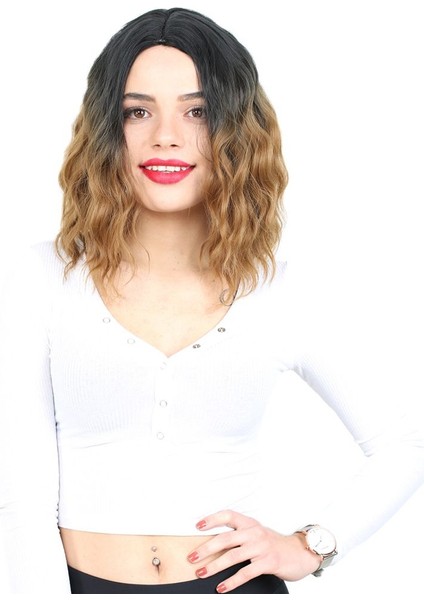 Fiber Sentetik Kısa Dalgalı Perçemsiz Peruk / Siyah / Karamel Ombreli