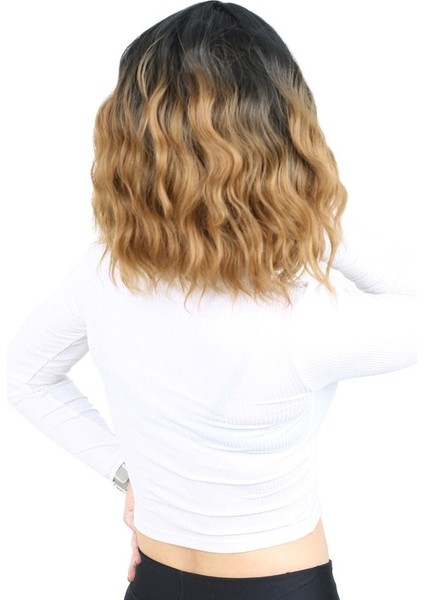 Fiber Sentetik Kısa Dalgalı Perçemsiz Peruk / Siyah / Karamel Ombreli fırsatları