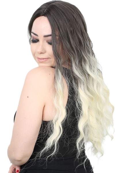 Su Dalgası Uzun Perçemsiz Fiber Sentetik Peruk / Küllü Siyah / Platin Ombreli modelleri