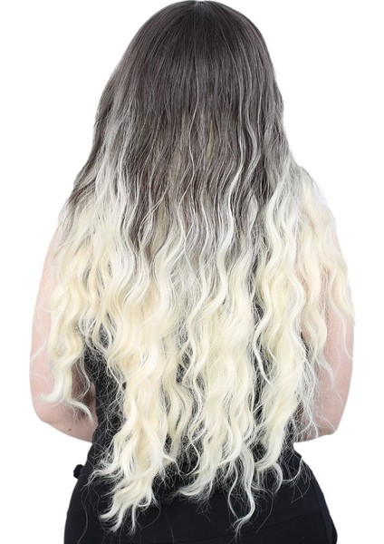 Su Dalgası Uzun Perçemsiz Fiber Sentetik Peruk / Küllü Siyah / Platin Ombreli fırsatları