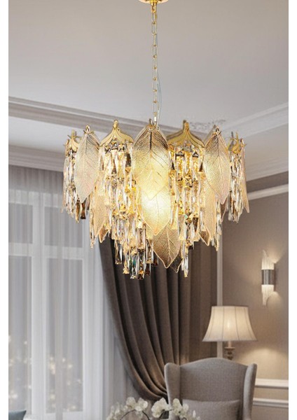 Yaprak Gold 50 cm Kristal Yaprak Detaylı Modern Avize – Salon Oturma Odası