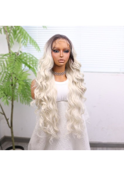 Kumral Beyaz Platin Ombreli Ekstra Uzun Fiber Sentetik Dalgalı Tül Peruk modelleri