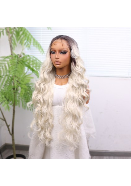 Kumral Beyaz Platin Ombreli Ekstra Uzun Fiber Sentetik Dalgalı Tül Peruk fırsatları