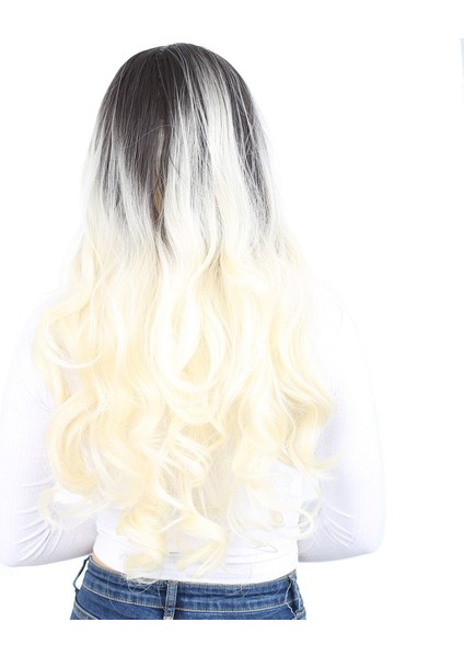 Yoğun Dalgalı Fiber Sentetik Uzun Perçemsiz Peruk / Küllü Siyah / Platin Ombreli fırsatları