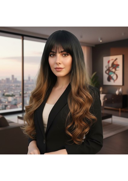 Kahküllü Uzun Dalgalı Fiber Sentetik Peruk / Siyah / Karamel Ombreli