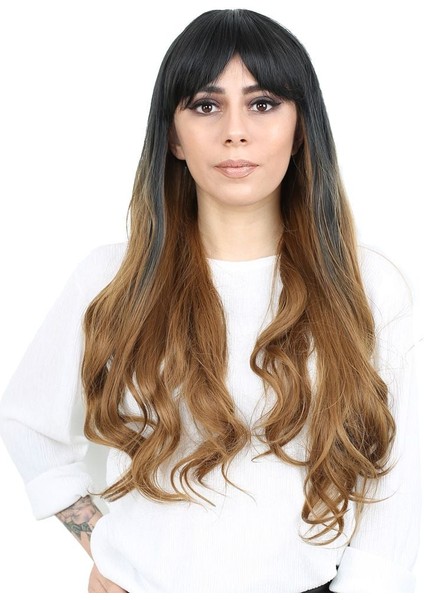 Kahküllü Uzun Dalgalı Fiber Sentetik Peruk / Siyah / Karamel Ombreli fiyatları