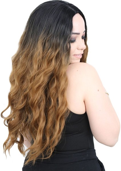 Su Dalgası Uzun Perçemsiz Fiber Sentetik Peruk / Siyah / Karamel Ombreli fiyatları