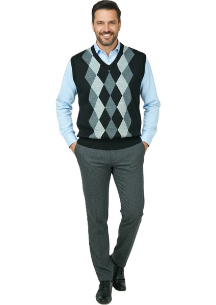 Erkek Kışlık Süveter Rahat Kesim Triko Dokuma V Yaka Klasik Baklava Desenli