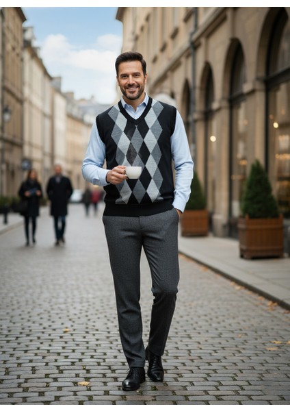 Erkek Kışlık Süveter Rahat Kesim Triko Dokuma V Yaka Klasik Baklava Desenli indirimleri