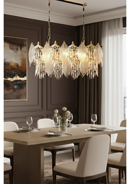 Yaprak Gold 90 cm Kristal Yaprak Detaylı Modern Avize – Yemek Masası Salon