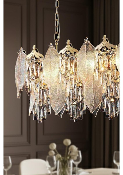 Yaprak Gold 90 cm Kristal Yaprak Detaylı Modern Avize – Yemek Masası Salon fiyatları