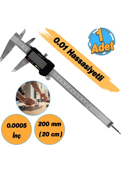 Dijital Kumpas LCD Ekranlı (0.01-12 Mikron Hassasiyet) 0.0005 Inç Metal 200 mm Derinlik Ölçüm Aleti