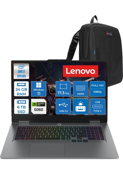 Loq 17IRX10 Intel Core I7 13650HX 24GB Ddr5 6tb SSD RTX5060 8gb 115W Windows 11 Home 17.3 Inç Fhd (1920X1080) IPS 300NITS 165HZ 100% Srgb Taşınabilir Bilgisayar W83JH006ETRH11 + Zetta Çanta