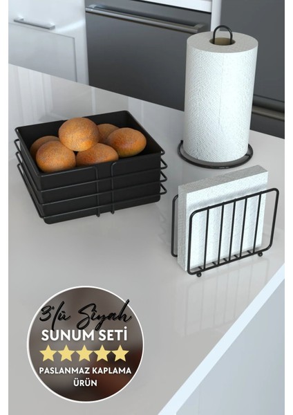 Siyah 3'lü Servis Sunum Seti, Kare Ekmeklik, Dik Rulo Havluluk ve Kafes Peçetelik