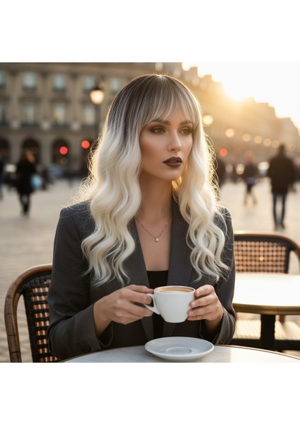 Dalgalı Kısa Perçemli Fiber Sentetik Peruk / Kahve / Beyaz Platin Ombreli