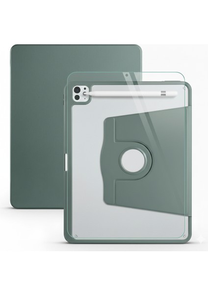 Apple iPad Pro 11 M5 (2025) Dönebilen Standlı Kalem Bölmeli Koruyucu Kılıf Stylus Kalem ve Nano Ekran Koruyucu Çok Fonksiyonlu Set