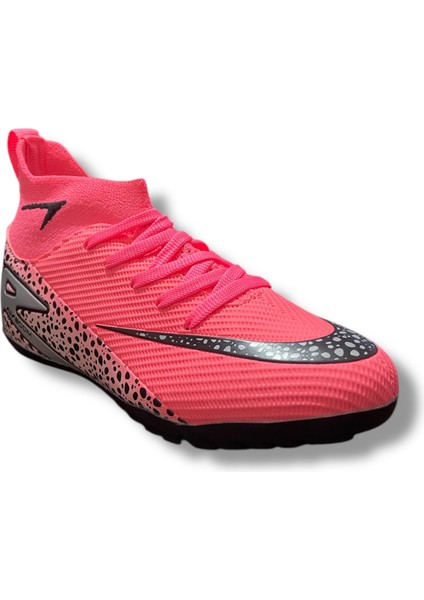 610 Süperfly Yeni Model Özel Taban Çoraplı Halısaha Ayakkabı Pembe Siyah Desenli