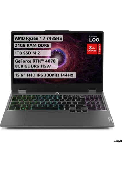 Loq 15ARP9 83JC00F6TR Ryzen 7 7435HS 24 GB 1 Tb SSD RTX4070 15.6" Full Hd Gaming Laptop - Outlet