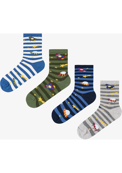 Çok Renkli Erkek Çocuk Stripe Spacecraft 4lü Soket Çorap