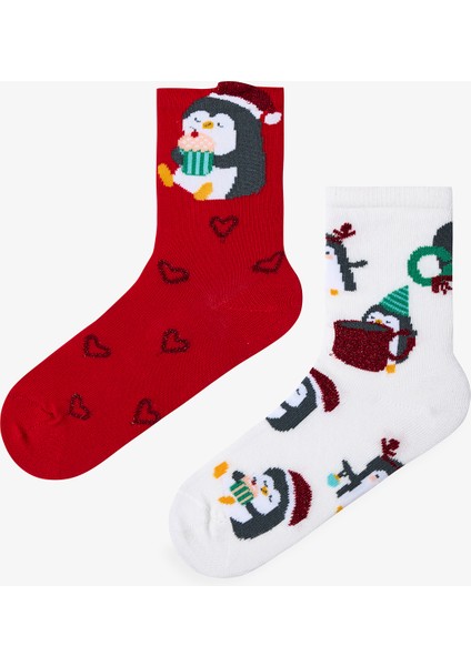 Çok Renkli Kız Çocuk Penguin 2li Soket Çorap