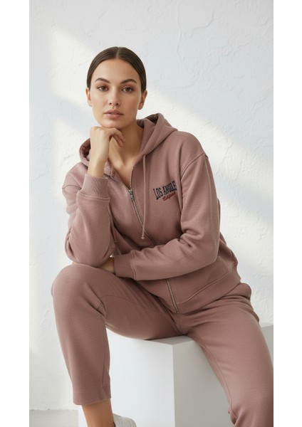 Kadın Kapşonlu Fermuarlı Üç Ip Şardonlu Julia Sweatshirt Somon