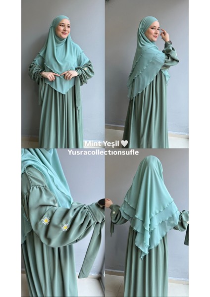 Papatya Nakışlı Liza Elbise ve Kısa Sufle 2 'li Takım