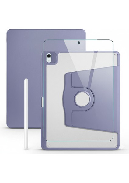 Apple iPad Air 5 10.9 Inc Dönebilen Standlı Kalem Bölmeli Koruyucu Kılıf Stylus Kalem ve Nano Ekran Koruyucu Çok Fonksiyonlu Set