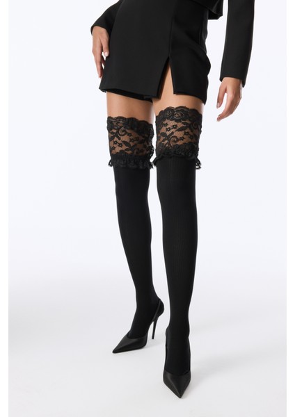 Siyah Romantic Lace Dantelli Jartiyer Dizüstü Çorap