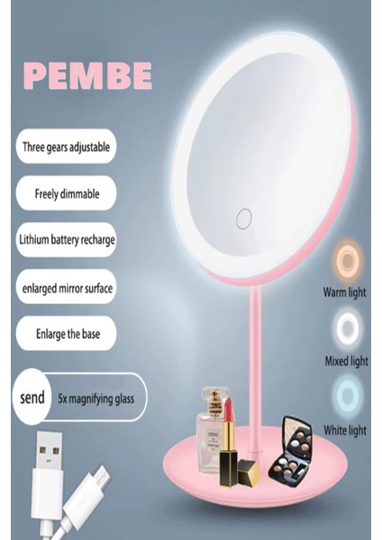 Pembe Renk LED Işıklı USB Şarjlı Masa Üstü Makyaj Aynası Dokunmatik Makyaj Aynası