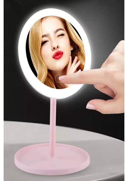Pembe Renk LED Işıklı USB Şarjlı Masa Üstü Makyaj Aynası Dokunmatik Makyaj Aynası fiyatları