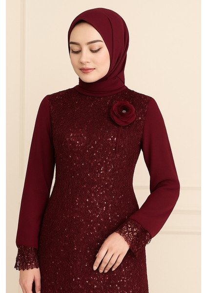 Şifon Pul Payetli Tesettür Abiye Bordo modelleri