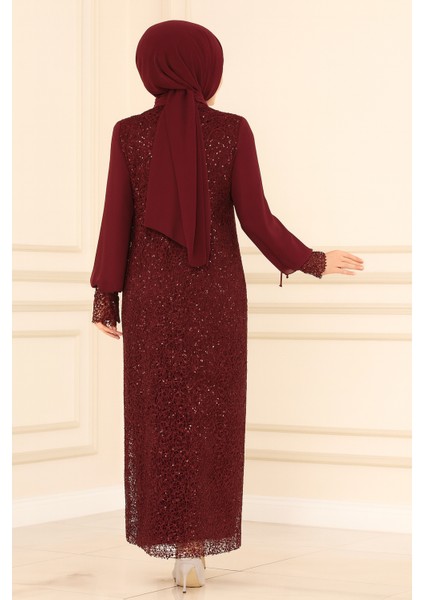 Şifon Pul Payetli Tesettür Abiye Bordo fırsatları
