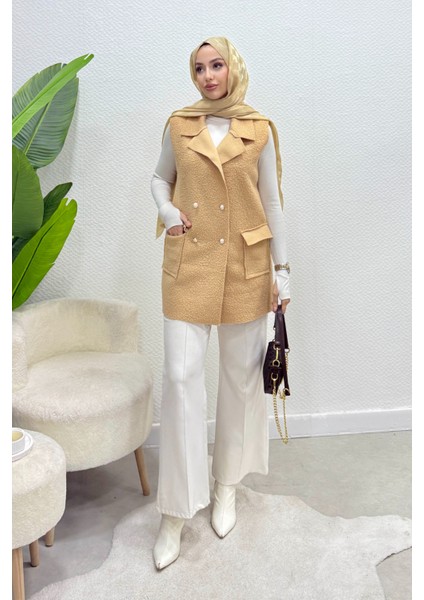 Cepli Düğmeli Buklet Astarsız Tesettür Yelek- Vizon