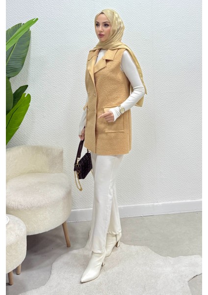 Cepli Düğmeli Buklet Astarsız Tesettür Yelek- Vizon fiyatları