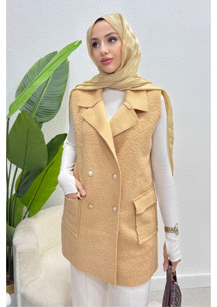 Cepli Düğmeli Buklet Astarsız Tesettür Yelek- Vizon modelleri