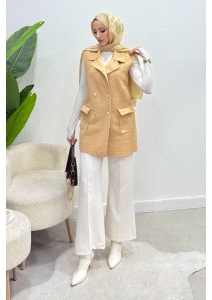 Cepli Düğmeli Buklet Astarsız Tesettür Yelek- Vizon fırsatları