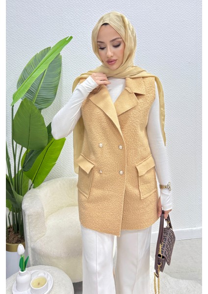 Cepli Düğmeli Buklet Astarsız Tesettür Yelek- Vizon indirimleri