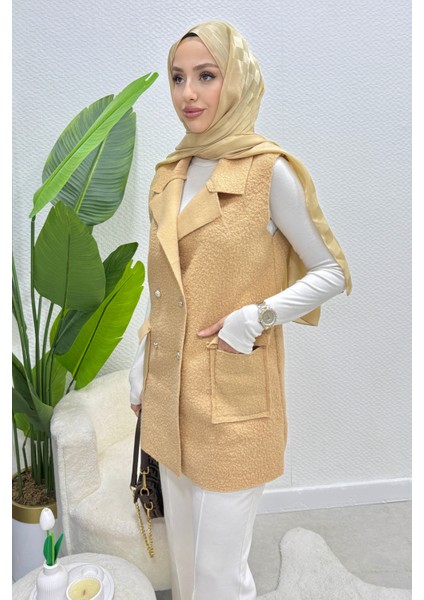 Cepli Düğmeli Buklet Astarsız Tesettür Yelek- Vizon