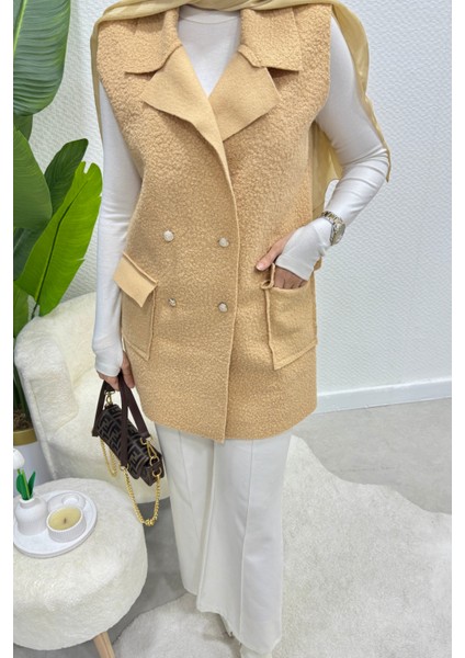 Cepli Düğmeli Buklet Astarsız Tesettür Yelek- Vizon